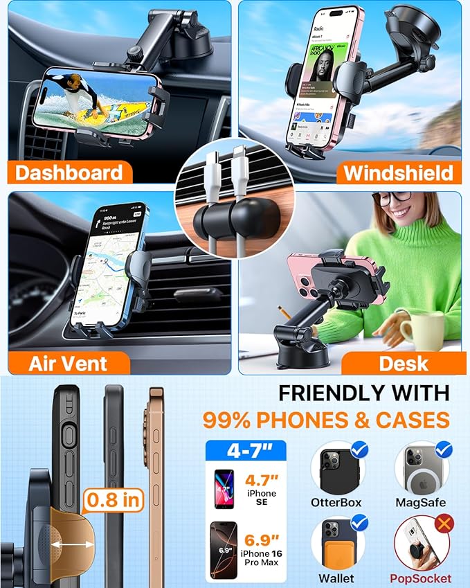 2026 Ultimate Best【True Military-Grade & Safety Cert】Car Phone Holder HTU【Upgraded 5-in-1 & 100+LBS Strongest Suction】360 Rotation Truck Windshield Dashboard Vent Mount Stand for iPhone Android, Grey