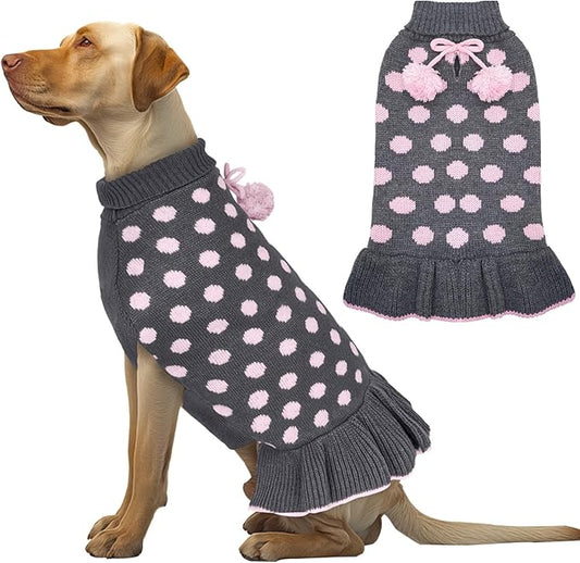 KYEESE Dog Sweater Dress Turtleneck Dog Sweaters for Girl Medium Dogs Polka Dot Knit Pullover Warm Pet Clothes for Fall Winter