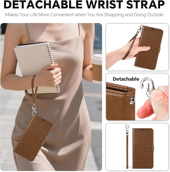 TUCCH Detachable Case Wallet for iPhone Air (6.5") 2025, Wrist Strap, 4 Card Holders RFID Blocking, Wireless Charging, Stand, 2-in-1 Magnetic, PU Leather, Shockproof Folio Cover, Brown
