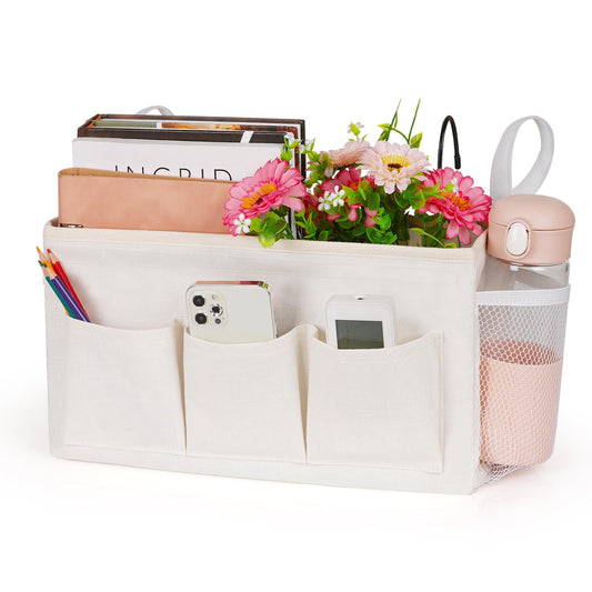 Lilithye Bedside Caddy Storage Organizer with Fixed Straps and Water Bottle Holder for Home, College, Dorm, Bunk/Hospital/Crib Bed Rails, White