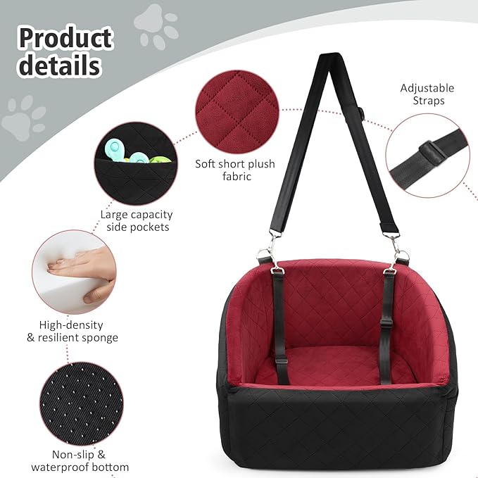 Dog Car Seat for Small Medium Dogs,Detachable Washable Dog Booster Seat Under 30lbs, Pet Car Seats Travel Bed with Storage Pockets and Safety Belt（Black/Red）