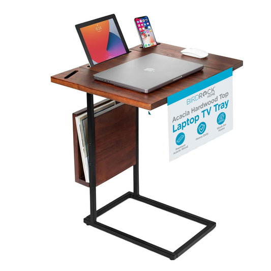 BIRDROCK HOME Acacia Wood Expandable C Shaped Side Table with Phone & Tablet Stand - Laptop TV Tray - Couch Desk - Bed Sofa Snack End Table - Living Room Chair