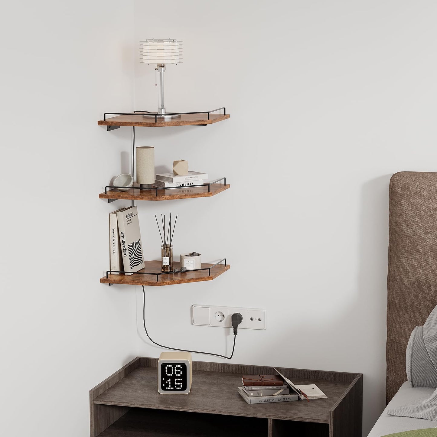 JJL Corner Shelf Wall Mounted, 12 Inches 3-Tier Floating Corner Shelf, Hexagon Rustic Wood Decor with Fence, Brown Storage Organizer for Apartment Bedroom Kitchen Bathroom