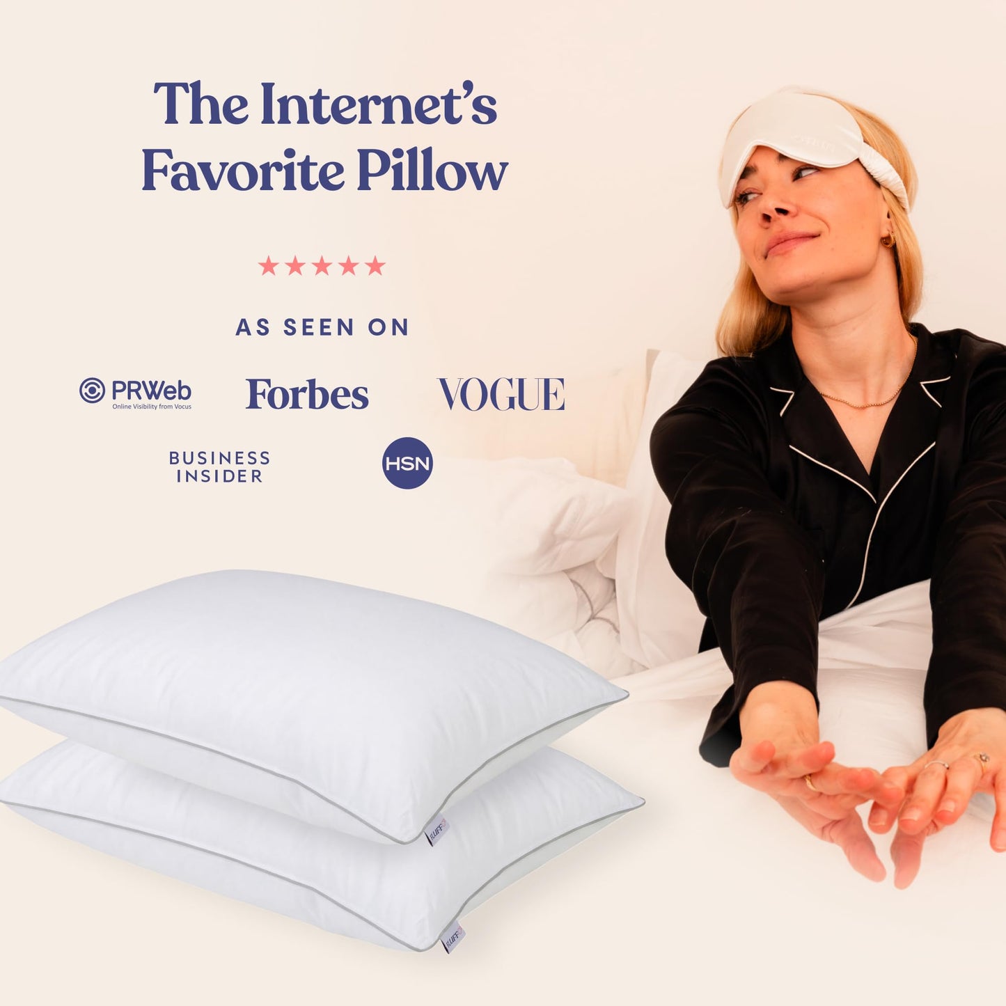 FluffCo Basics Down Alternative Bed Pillows - Cooling Cotton Shell with Supportive Gel-Fiber Fill - Pillows for Side, Back, and Stomach Sleepers - Made in USA - Standard/Queen Size, Set of 2