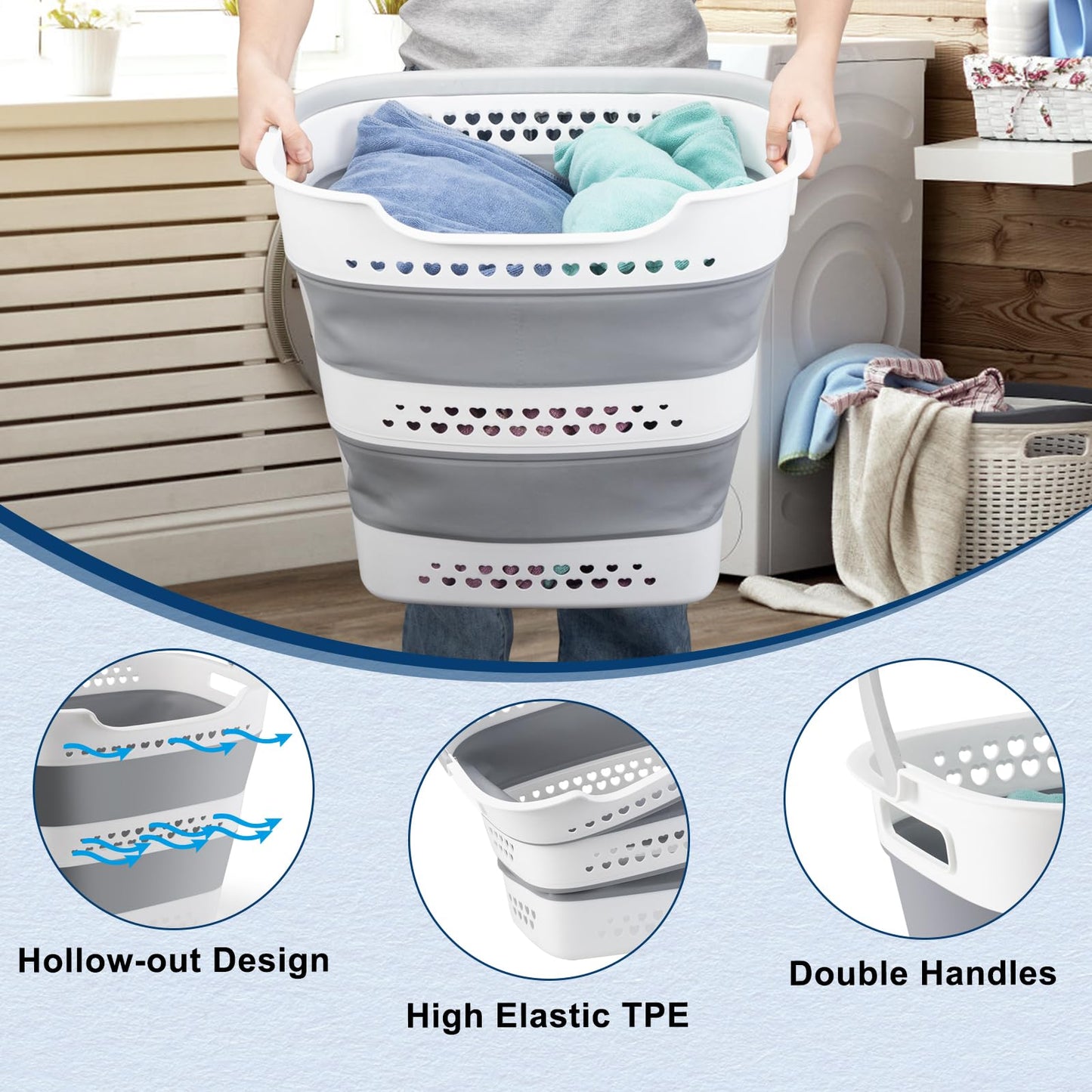 ALYSTER Collapsible Laundry Basket 42L Foldable Pop-Up Laundry Hamper Saving Dirty Clothes Hamper Container for Home, Dorm