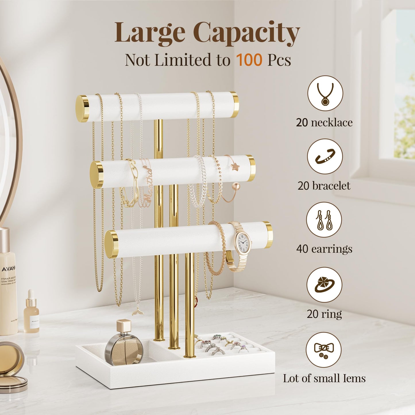 bussdis 3 Tier Bracelet Holder Display - White Leather Bracelet Holder, Detachable T Bar Jewelry Holder Organizer for Bracelet, Necklace, Earrings, Rings, Watches, Bangle