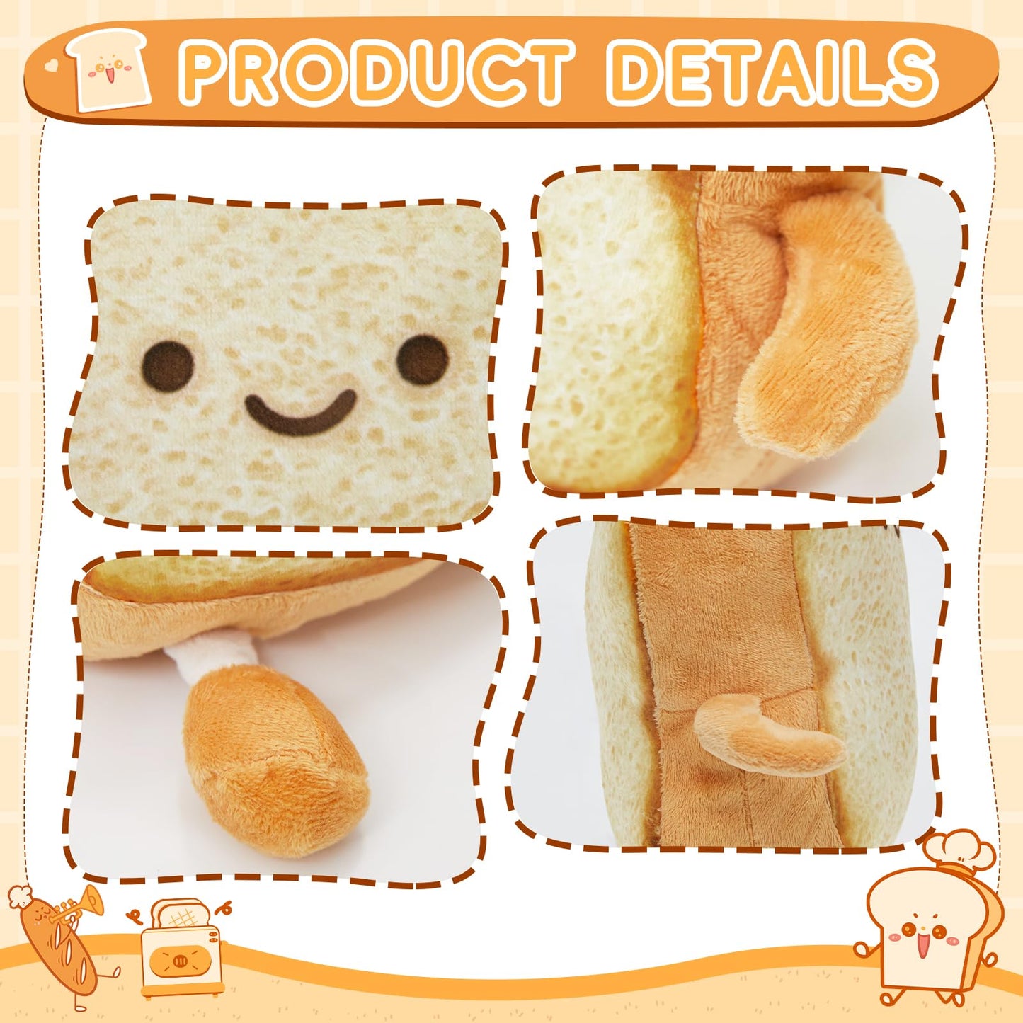 Pacreck Toast Bread Plush Pillow Toy Bread Doll Funny Cute Food Plushies Stuffed Animal Soft Birthday Party Xmas Gifts 12in