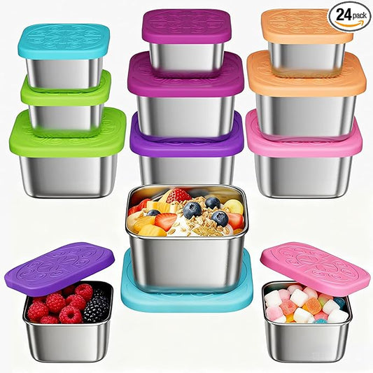 Dobyusf 24-Piece Stainless Steel Snack Container Set - Airtight Silicone Lid with Printed Design Sauce Containers, Multi-Use Food Storage for Salads, Dips, Snacks, Microwave & Dishwasher Safe