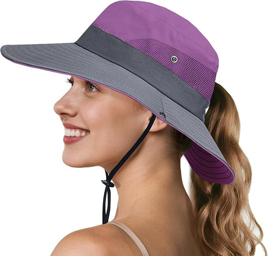 NPQQUAN Ponytail Sun Bucket Hats for Women Men Wide Brim UPF 50+ Fishing & Beach Hats