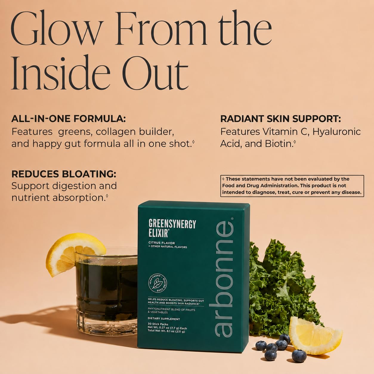 Arbonne Vegan Greens Powder – Citrus-Flavored GSE with 13 Digestive Enzymes, Vegan Collagen Builder, Probiotics, and Prebiotics – Gut Health and Skincare – 30 Stick Packs