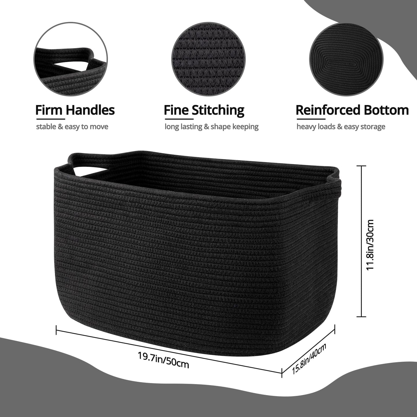 OIASKET Large Blanket Basket, Black Blanket Storage Living Room, Rectangle Woven Baskets for Storage Toys, Towels, Dirty Clothes Organizer Bins (Black)