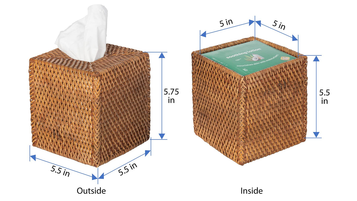KOUBOO Loma Square Rattan Tissue Box Cover - Coastal Boho Tissue Holder for Bathroom, Guest Room, Living Room - Decorative Square Tissue Box Cover (Solid Black)
