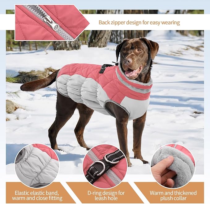 OUOBOB Dog Jackets for Large Dogs, Large Dog Winter Coat, Pet Cold Weather Coats, XXXL Pet Jacket with D-Ring, Waterproof Coat with Back Zipper,Snowsuit Labrador German Shepherd Doberman,Pink,XXXL