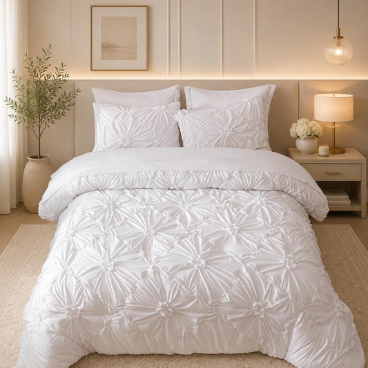 Nttopship White Queen Comforter Set - 7 Pieces Bed in a Bag, Premium Comforters Queen Size Bed Set Pintuck Pinch Pleat Complete Comforter Set with Flat Sheet, Fitted Sheet and Pillowcases,White