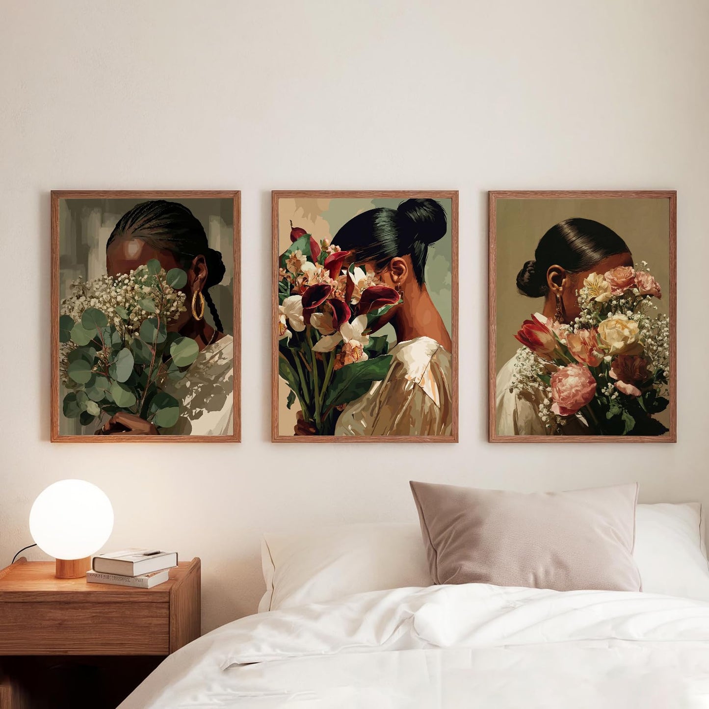 Black Woman Flower Wall Art Set of 3 African American Woman Canvas Wall Decor Black Girl Canvas Posters Trendy Boho Artwork Aesthetics Prints for Home Bedroom Living Room Dorm 12x16 Inch, Unframed