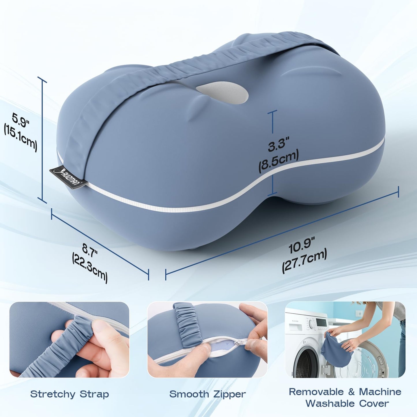 Ruizman Knee Pillow for Side Sleepers - Cooling Pillow Between Legs for Side Sleeping - Memory Foam Knee Pillow with Strap for Hip Pain & Spine Alignment (Blue)