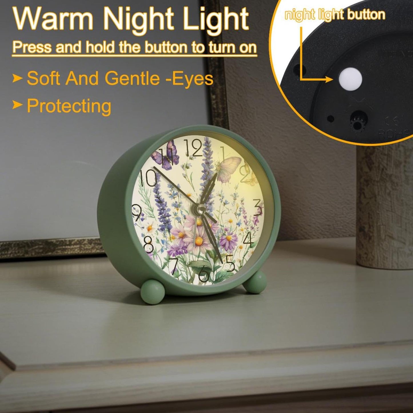 IROLSKDNFH 4.3" Analog Alarm Clock Silent Non Ticking, Small Clock with Night Light Battery Operated, Gentle Wake, Easy Set and Read (Wildflowers Purple Bluebell Sage Chamomile with Butterflies)