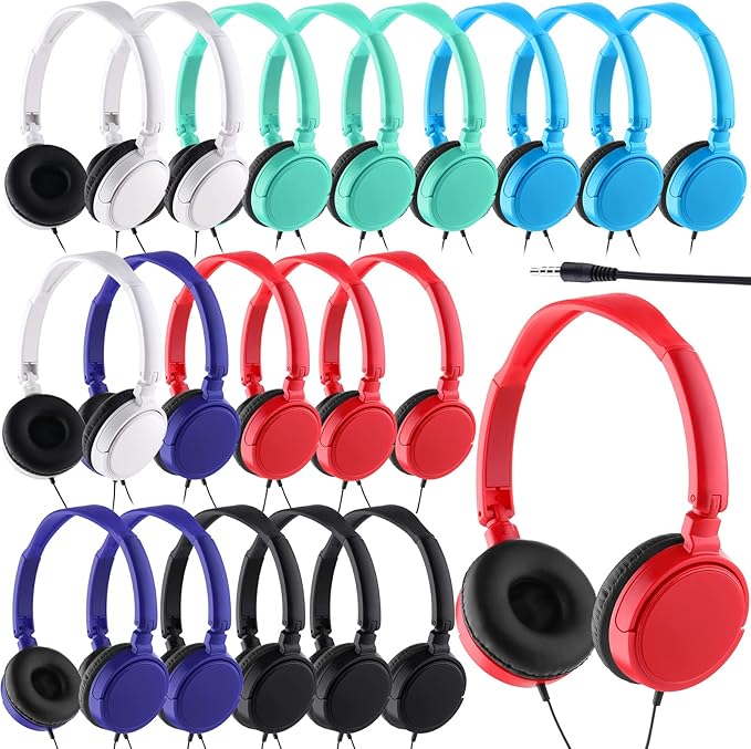 Yunsailing 18 Pack Classroom Headphones Bulk Student Wired Class Headphones Set for School with Individually Wrapped Adjustable Over Ear Head Earbuds (Multicolor)