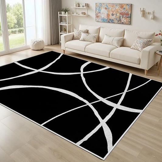 Black and White Rugs, Abstract Rug, Modern Minimalist Rug, Curved Line Design Carpet, Black and White Abstract Rugs for Washable Non Slip Living Room Home Decor 4x6