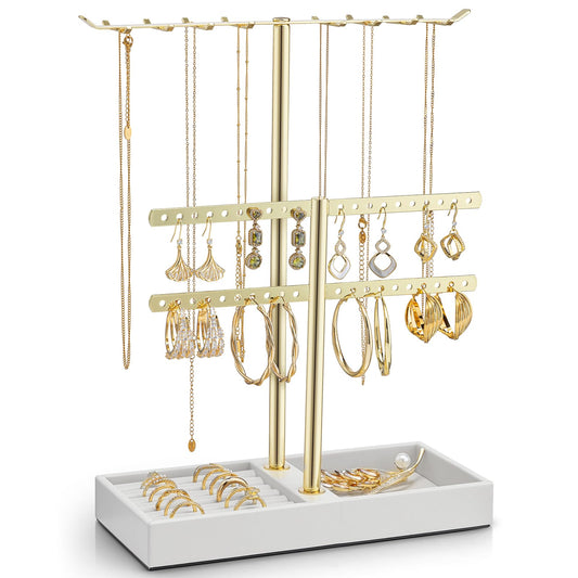 VLANDO 2 Tier Jewelry Stand Organizer with Tary, Leather Jewelry Holder Display for Women, Gold Jewlery Holder Stand for Necklace, Earring, Bracelet, Rings - White