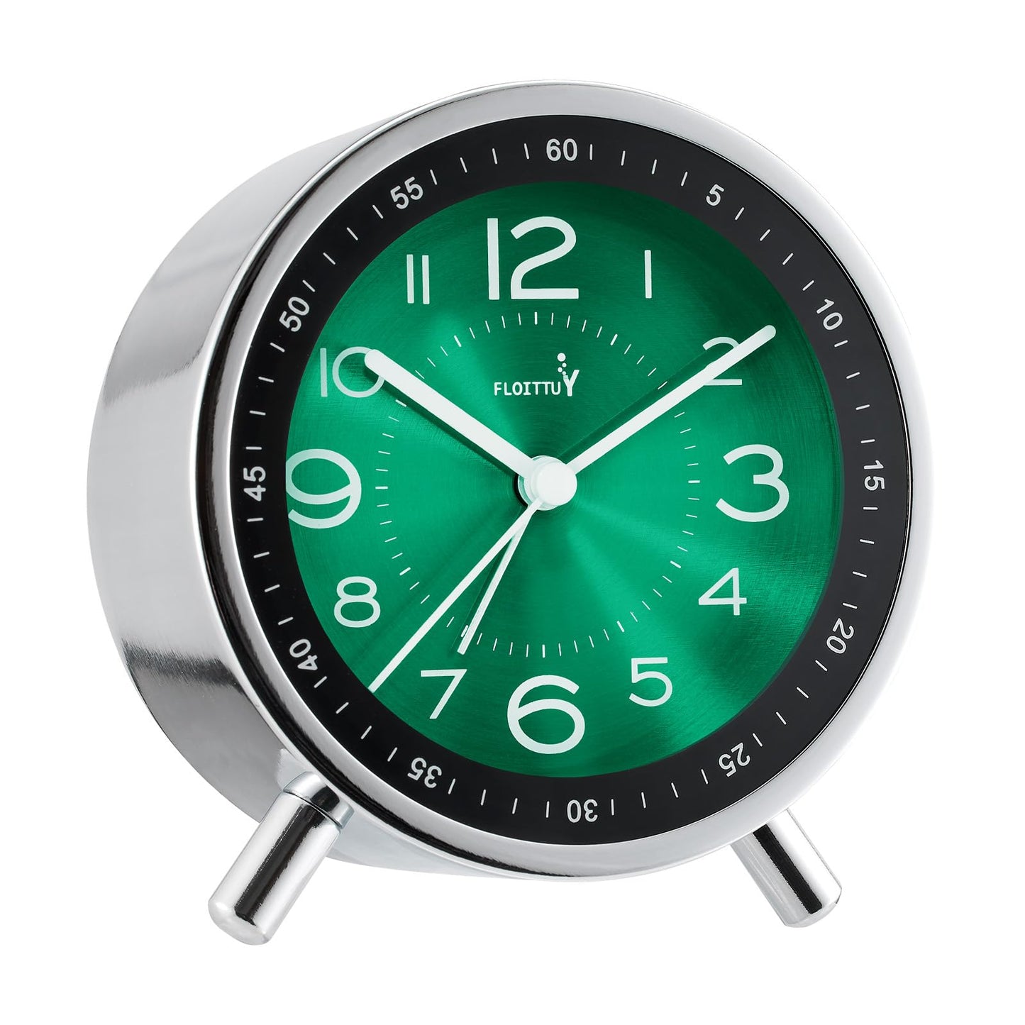 FLOITTUY Super Silent Metal Alarm Clock,Beep Wake Round Alarm Clock with Strip Night Light,Battery Operated,Easy Set,Simple & Retro for Desk, Bedroom and Home Decoration(Emerald Green)
