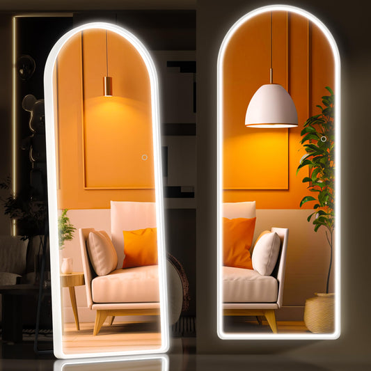 Hasipu Arched Full Length Mirror with Lights, 56" X 16" Lighted Full Body Mirror with Stand, Dimming 3 Colors & Brightness Adjustable, Bedroom Cloakroom Living Room, White Modern Arch Metal Frame