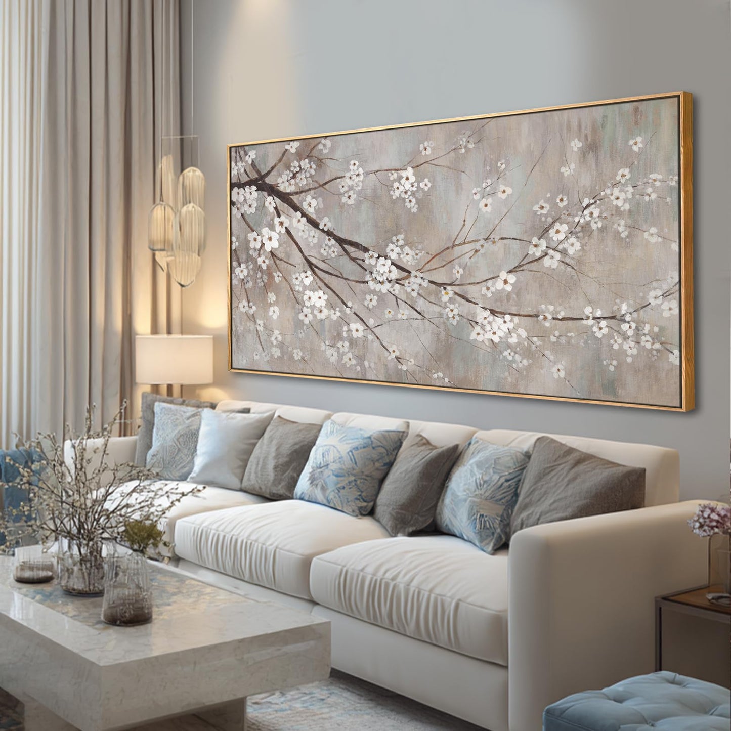 Flowers Wall Art Grey Pictures Wall Painting Large Framed Canvas Art Landscape Artwork for Dining Room Home 29"x 58" Ready to Hang