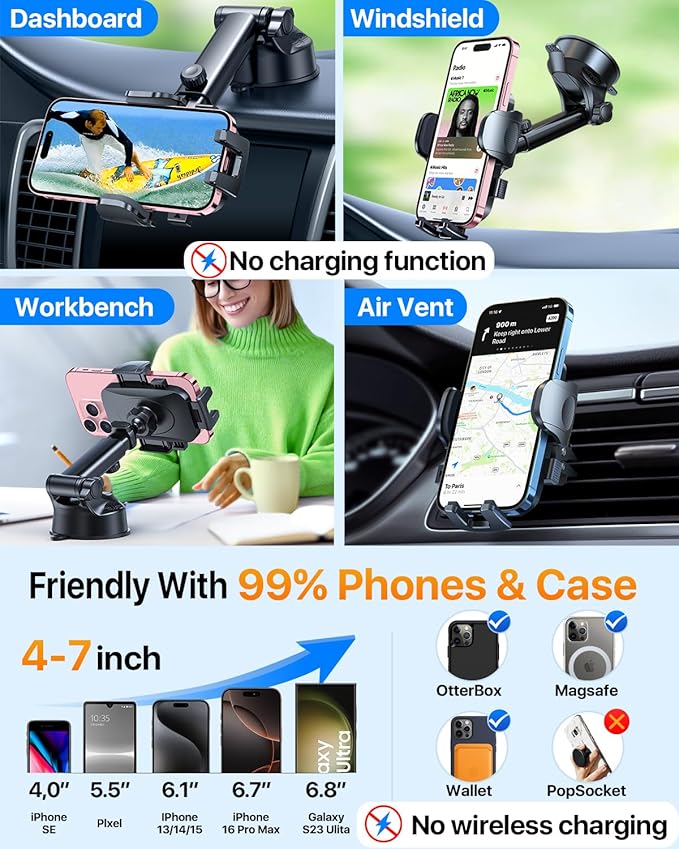 2025 Ultimate Car Phone Holder【80+LBS Strongest Suction & Military-Grade】 Universal Cell Phone Holder Truck Car Mount for Dashboard Windshield Air Vent for iPhone 17 16 Pro Max 15 Samsung 2pcs,Grey