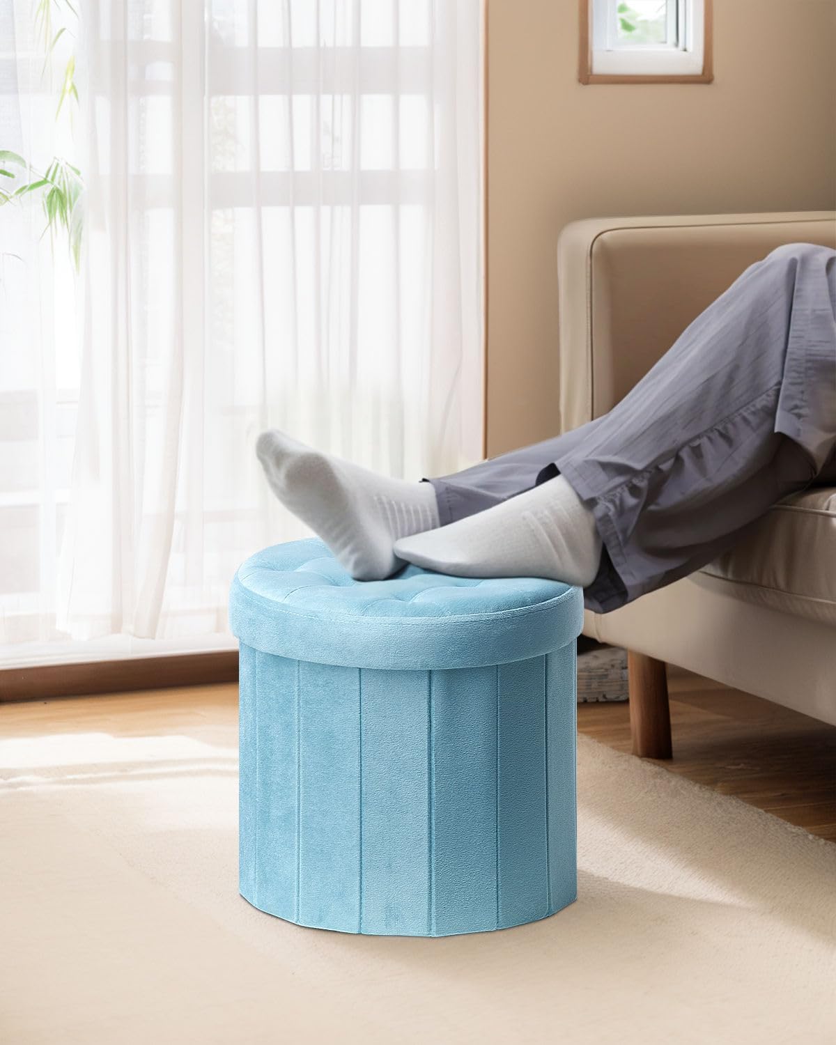 Bsketa® Folding Storage Ottoman Round 14" x 14" x 13"Inch Foot Stool with Thicker Foam Padded Seat Small Velvet Storage Ottoman Bench Foot Rest for Living Room Foldable Coffee Table(Teal)