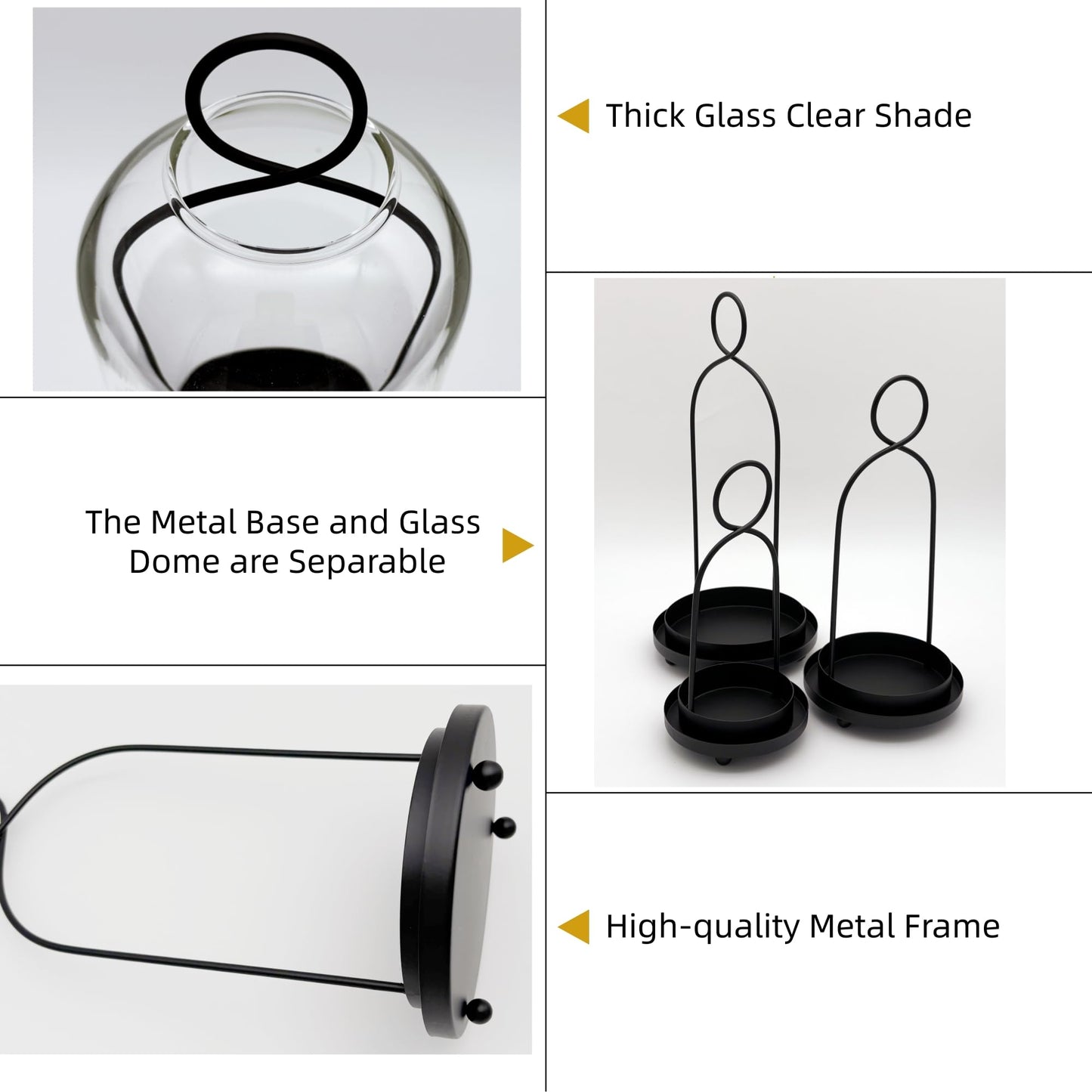 3 Pack Metal Candle Holders with Glass Dome, 5.5" & 4.7" & 3.9" Wide Black Candlestick Holders Set, Versatile Hurricane Lanterns Candleholders for Pillar Candle, Decorative Glass Display Dome Stands