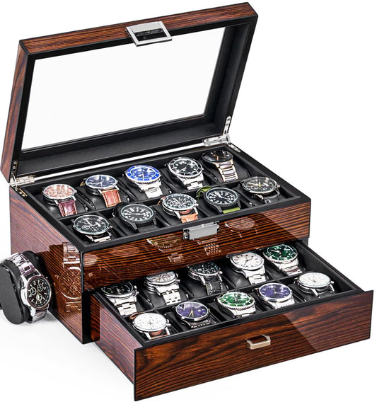 BEWISHOME High-End Watch Box, 20-Slot Watch Case with Large Glass Lid, Wooden Watch Cases for Men, Watch Storage, Watch Organizer, Synthetic Leather Interior, For Father's Day Brown SSH04Y