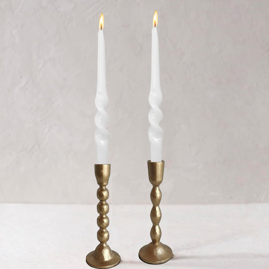 Antique Iron Taper Candle Holders - Set of 2 Decorative Candlesticks, Brass Finish Candle Stand for Weddings, Dining, and Parties