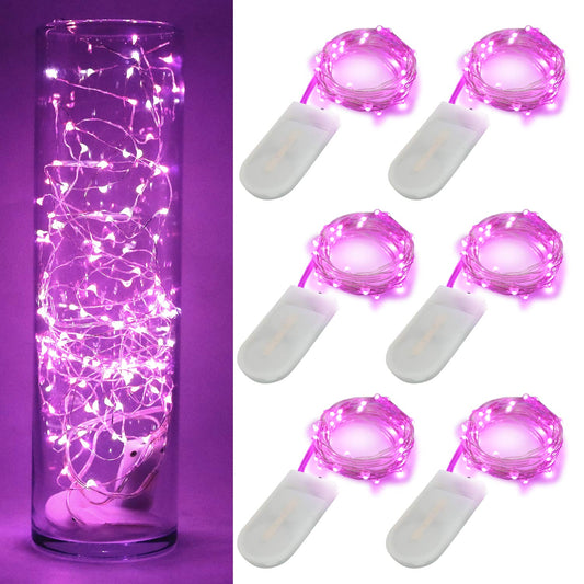 OakHaomie Fairy String Lights - 6-Pack, 7ft, Pink, Copper Wire, 20 Micro LEDs, CR2032 Batteries Included, Wedding/Party Decor