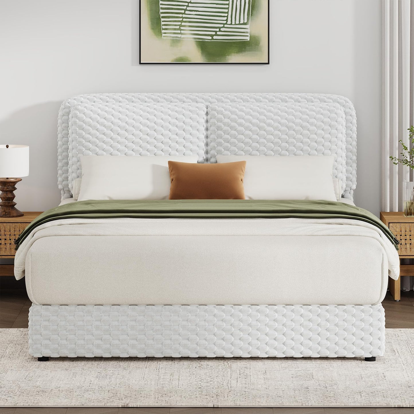 REVOMINCA Full Size Bed Frame with Headboard, Corduroy Upholstered Bed Frame, Wooden Slats Support, No Box Spring Needed, Easy Assembly, White