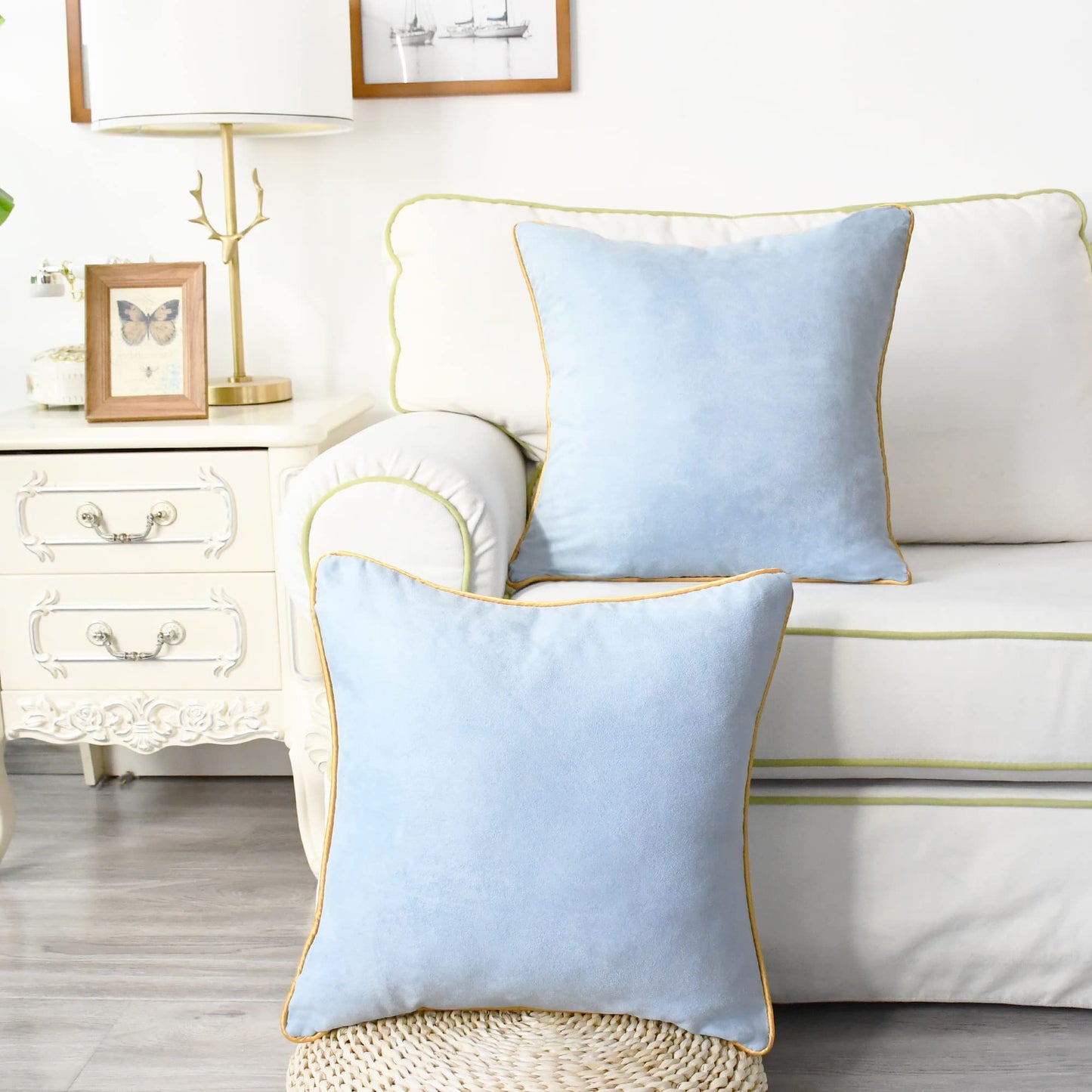 CaliTime Throw Pillow Covers Pack of 2 Super Soft Faux Suede Gold Piping Edge Accent Cushion Case for Couch Bed Sofa Farmhouse Decorative 18 X 18 Inches Light Blue