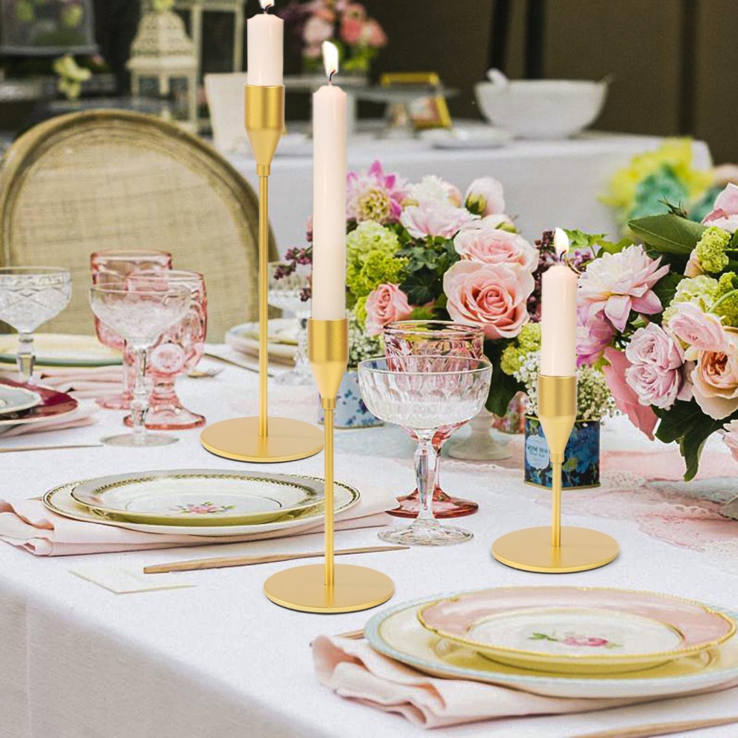 Matte Gold Candle Holders Bulk Painted Gold Metal Candlesticks Fit 0.8 Inch Taper Candles Decorative Metal Candelabra for Wedding Home Holiday Anniversary Party Dinning Table Decors (Set of 36)