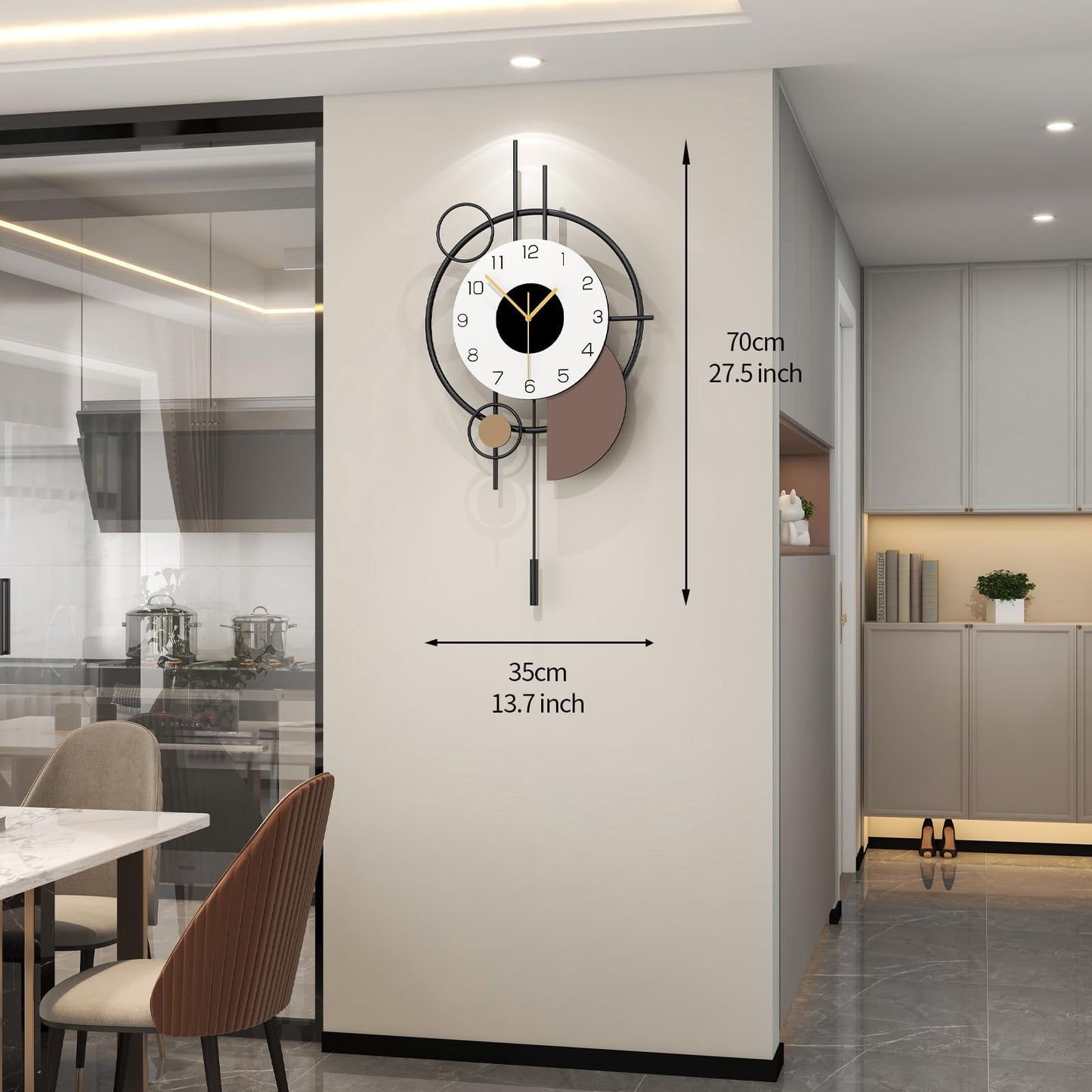 JUJUDA Large Modern Wall Clock for Living Room Decor Big Decorative Silent Wall Clock with Pendulum 14 Inch Black Metal Qulity Quartz Clock Battery Operated Non Ticking for Kitchen Office Bedroom