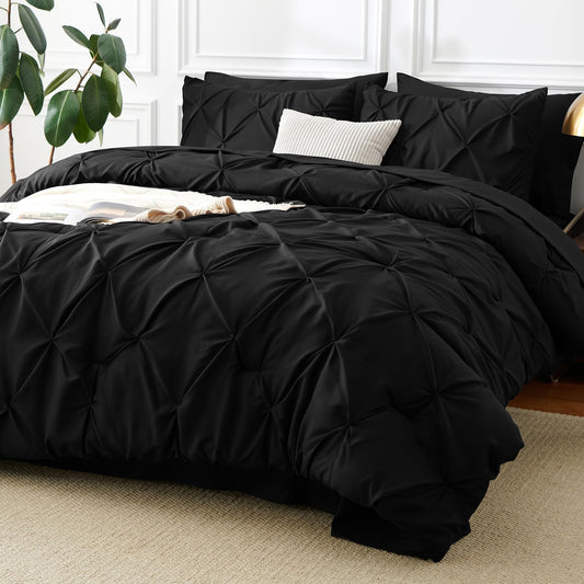 CozyLux Queen Comforter Set Black, 7 Pieces Pintuck Bed in A Bag, All Season Comforter Queen Size, Bed Set Gift for Family, Pinch Pleat Bedding Sets with Comforter, Sheets, Pillowcases & Shams