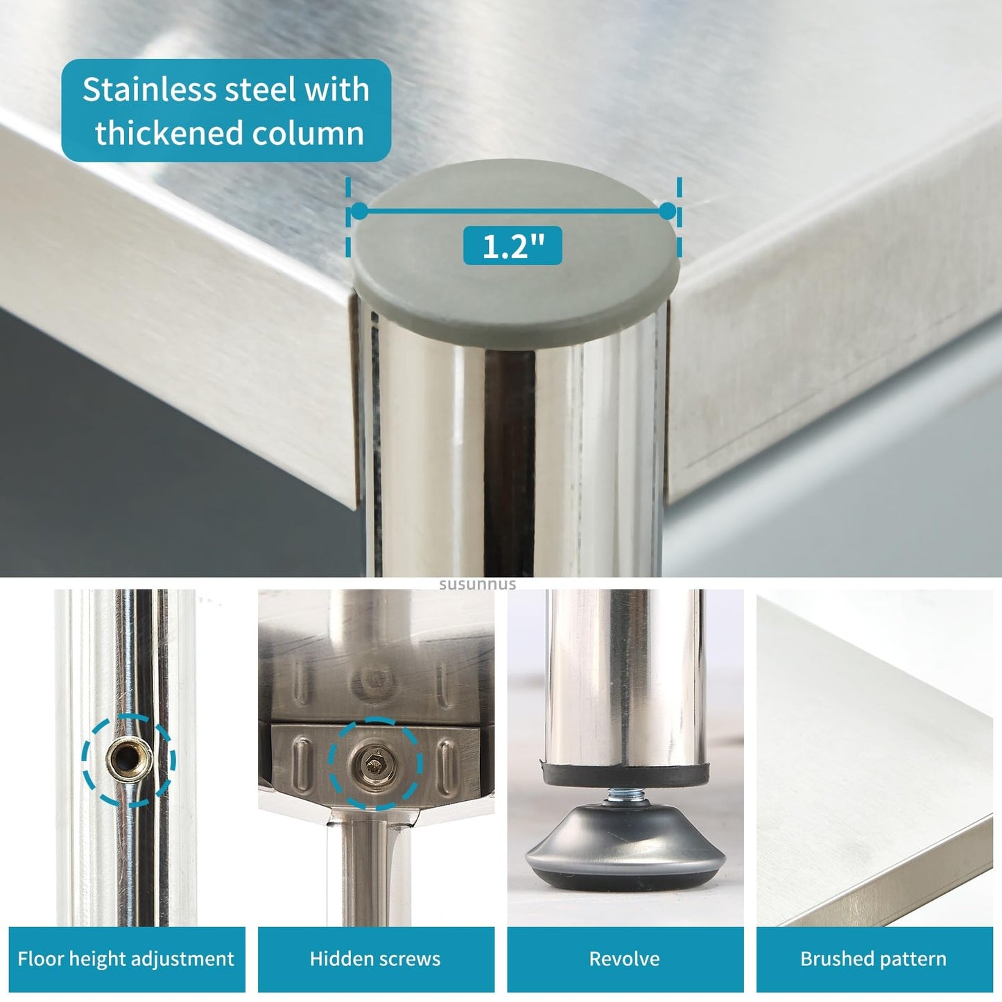 susunnus 3-Tier Stainless Steel Shelf, Heavy Duty Shelving for Kitchen, Garage, Industrial Storage, Kitchen Shelves Adjustable Feet, Easy to Clean(3T-24.8in*15.8in(Without guardrails))