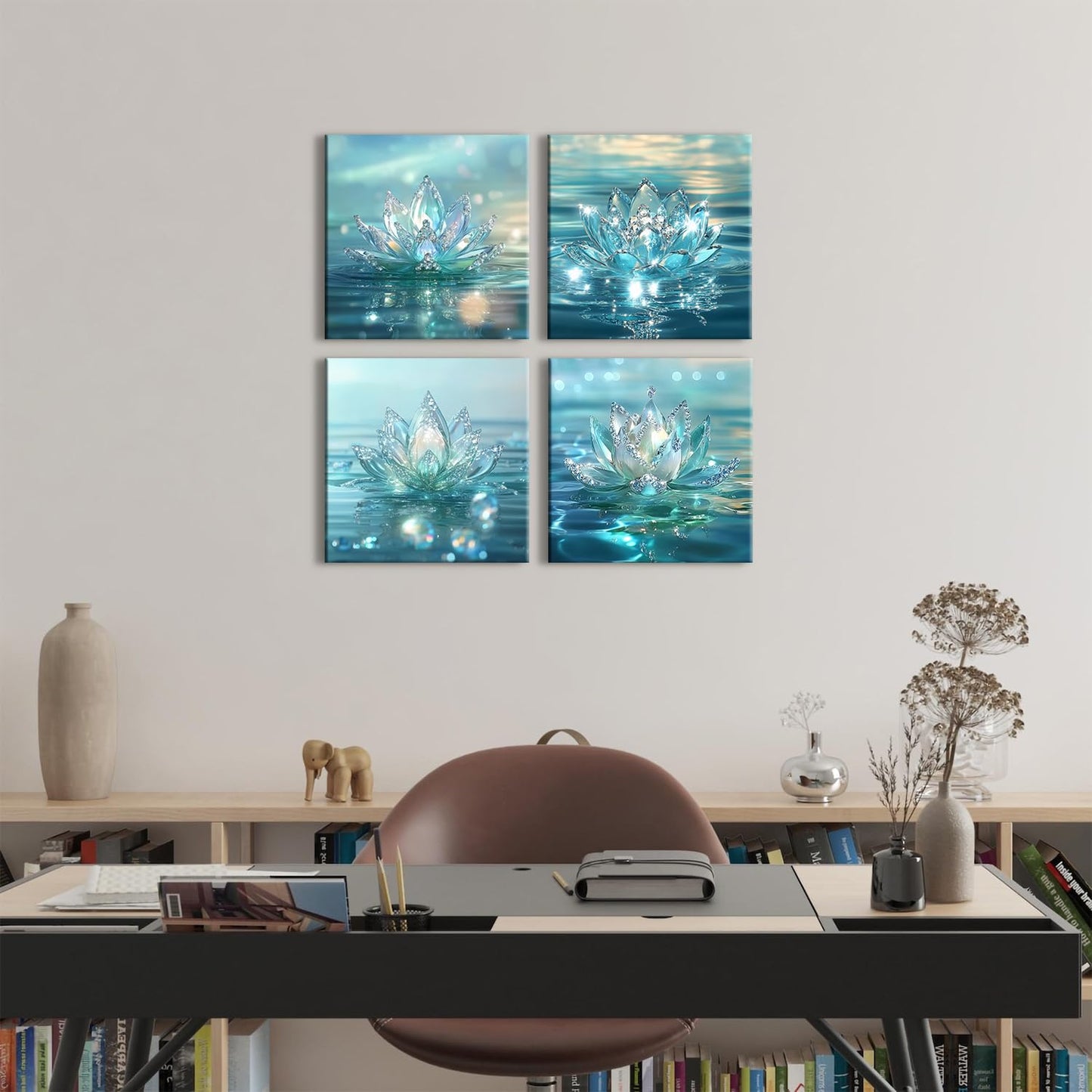 Lotus Flower Wall Art Teal Bathroom Wall Decor Zen Picture for Walls Canvas Prints Paintings Spiritual Meditation Wall Decor Turquoise Water Flowers Poster Yoga Room Artwork Decorations 12x12" 4Pcs