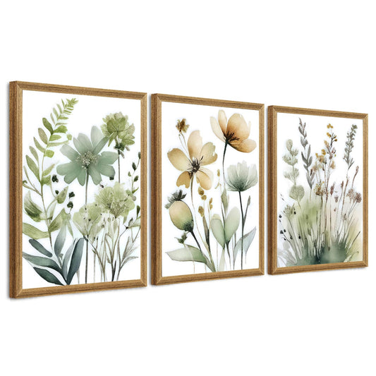 SYWENNOI Wood Framed Green Botanical Canvas Wall Art, Boho Floral Watercolor Art Wall Decor, Minimalist Flower Pictures Poster Prints for Bedroom Bathroom Living Room Ready to Hang 12x16 Inches