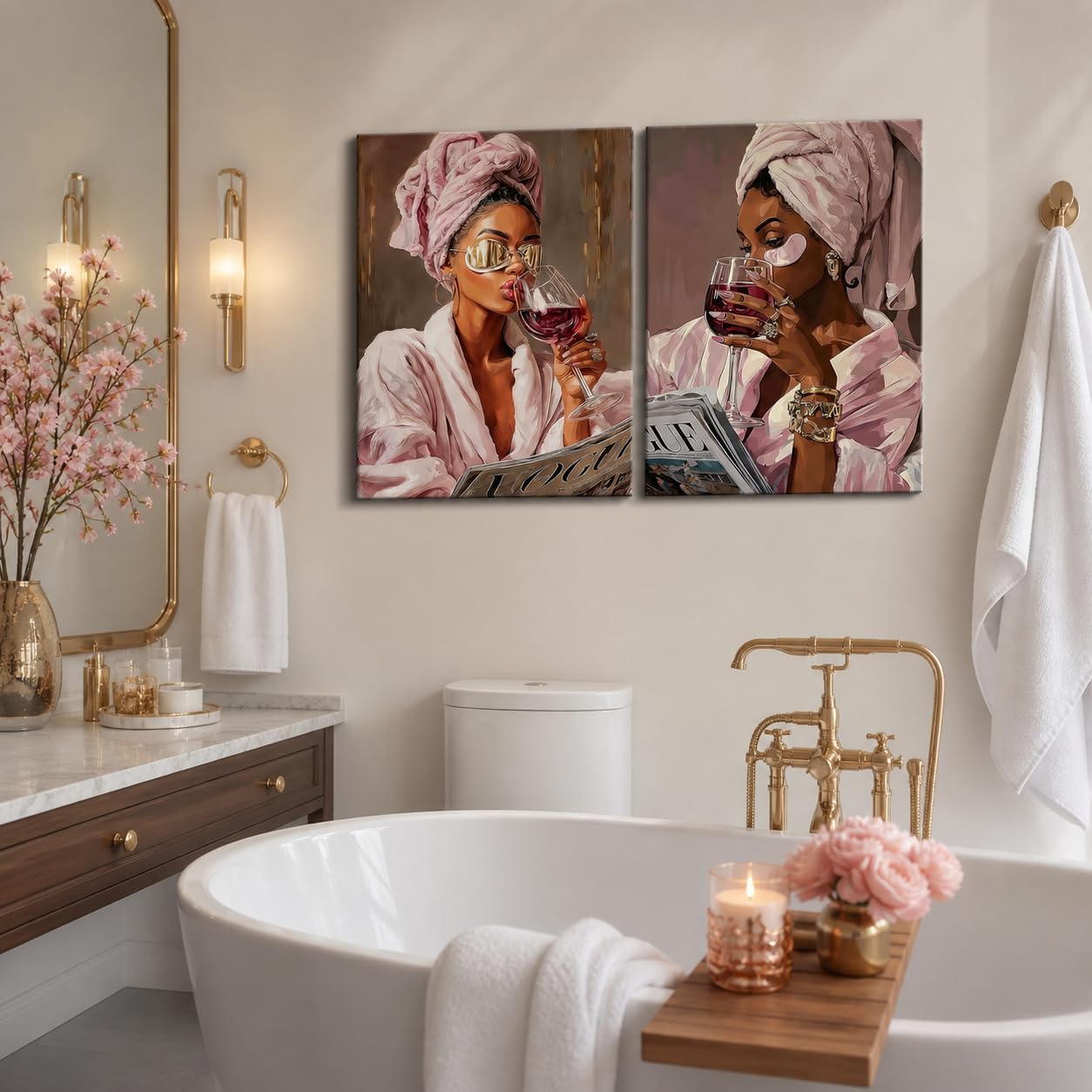 Pink Bathroom Wall Art Set Of 2 Framed Canvas Prints Glam Fashion Bathroom Decor Black Woman Spa Vanity Wall Art Pink Brown Self Care Pictures For Bedroom Beauty Room 16x24 Inch