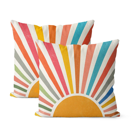 DAFENA Summer Pillow Covers 18x18 Inch 2 Pcs Boho Colorful Sunshine Outdoor Decor Throw Pillows Stripes Rainbow Sun Farmhouse Holiday Decoration Pillowcase Linen Cushion Cover for Couch Sofa