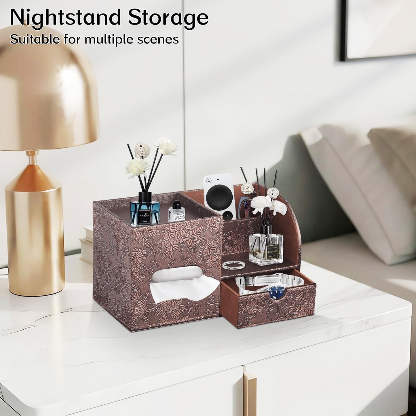 Fanousy Square Tissue Box Cover with Drawer Storage and Tray on Top, PU Leather Tissues Cube Boxes Holder, Modern Nightstand Organizer Caddy, Remote Control Holder for Bathroom, Bedside, Office, Home
