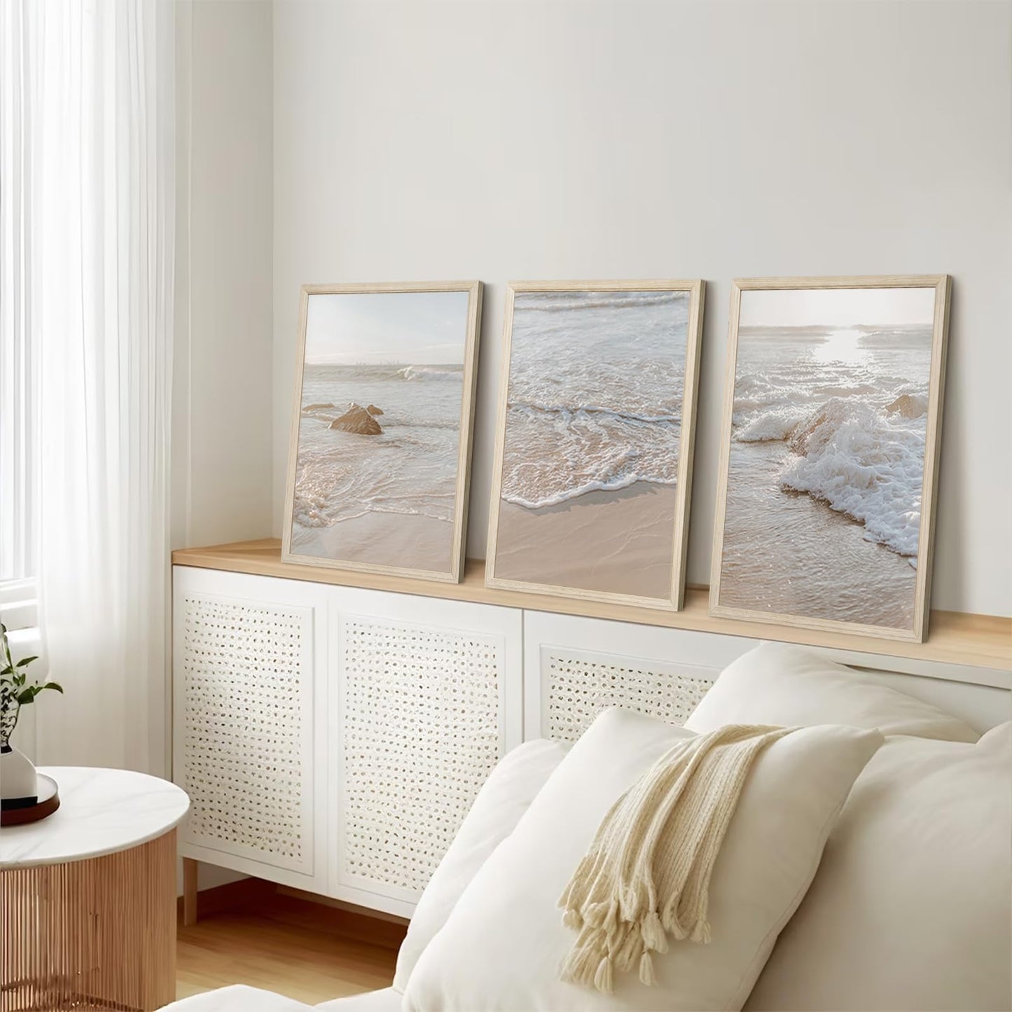 Beach Wall Art Decor Coastal Wall Art Pictures Ocean Canvas Wall Art Beige Beachy Wall Decor Boho Beach Prints Ocean Painting Coastal Artwork for Bedroom Living Room 12x16 Inch Wood Framed Set of 3