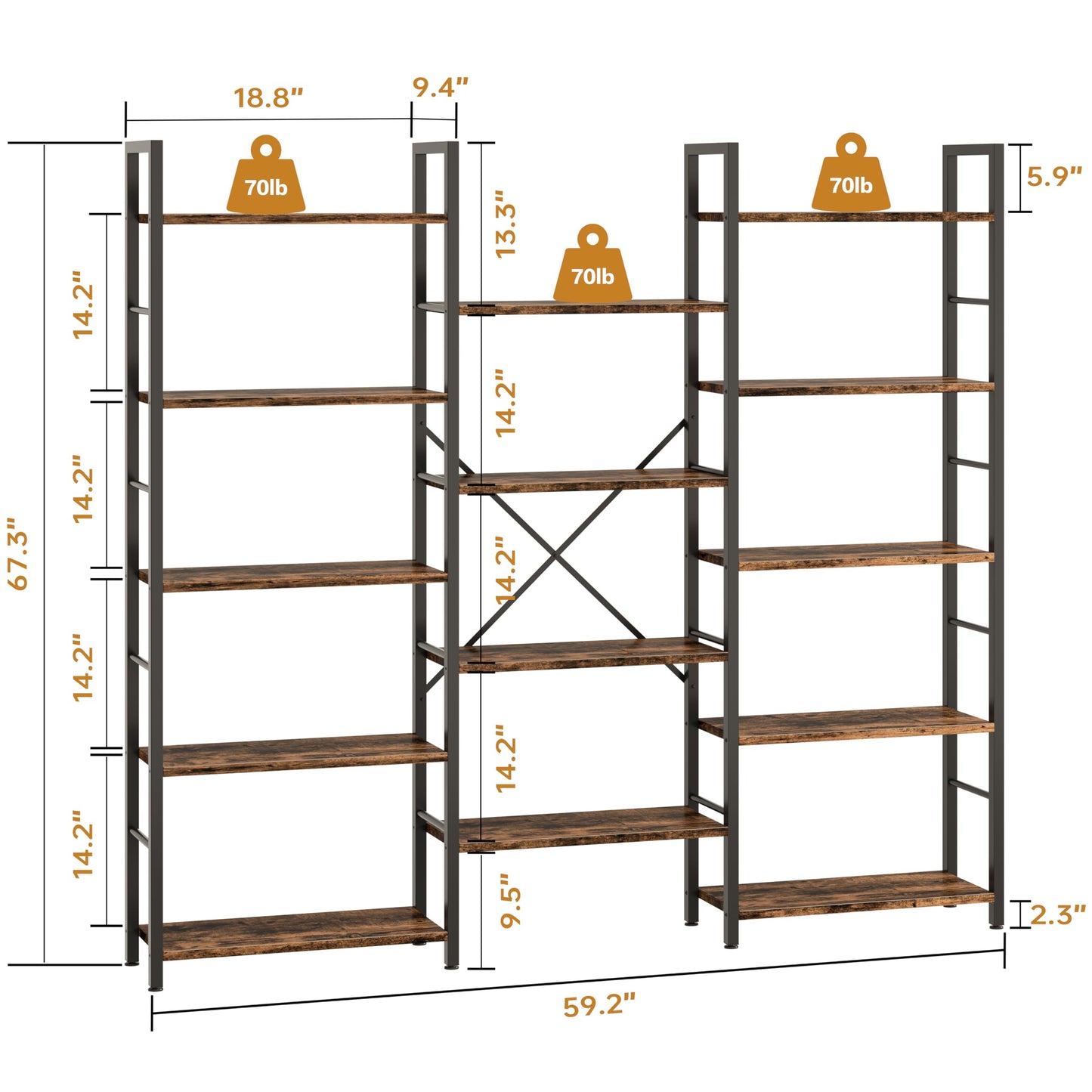 Shintenchi Triple Column 5 Tier Bookshelf, Industrial Large Bookcase Display Shelves, Large Etagere Bookshelf,Wide Book Shelf Book Case for Home & Office, Rustic Brown