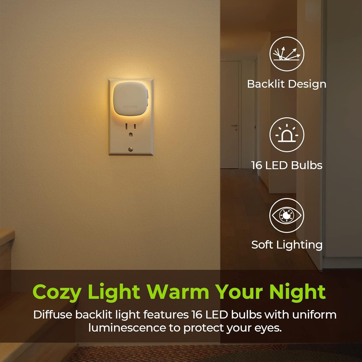 AUVON Plug-in LED Backlit Night Light with Motion Sensor & Dusk to Dawn Sensor, 2200K Soft Warm White Nightlight with 1-50lm Dimmable Brightness for Adults & Kids' Bedroom, Bathroom, Hallway (4 Packs)