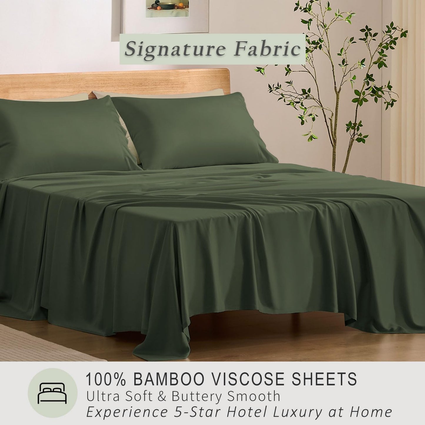 TOSMO Luxury Cooling Sheet Set | 100% Viscose from Organically Grown Bamboo | FSC® Certified | Queen Size | 18” Deep Pockets | Silky Soft Natural Bedding for Hot Sleeper [Olive]