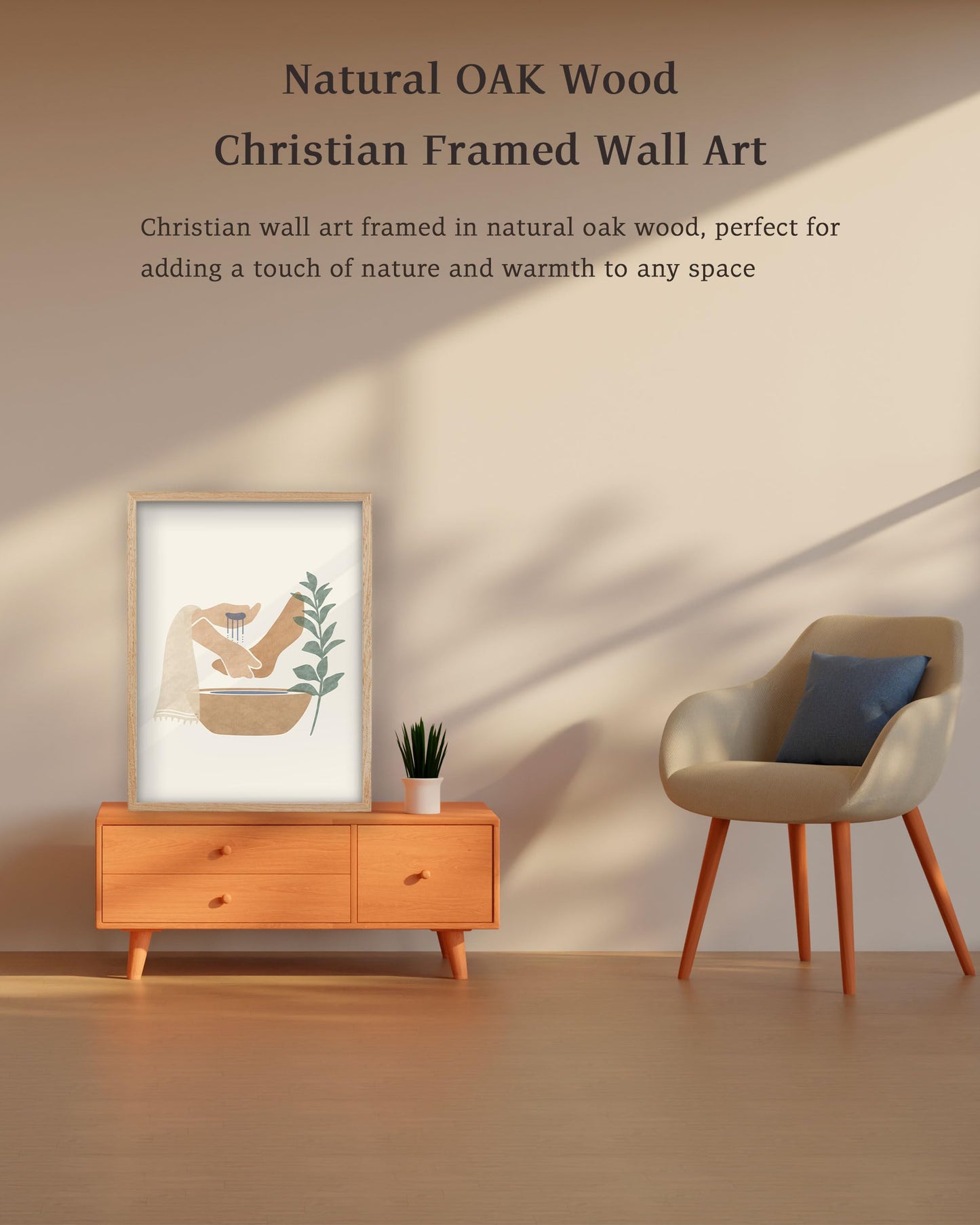 KensTro Natural OAK Wood Beige Boho Christian Framed Wall Art, 16x20 in Mid Century Modern Washing Feet Canvas Wall Art,Minimalist Religious Jesus Christ for Living Room Bedroom Decor Set of 1