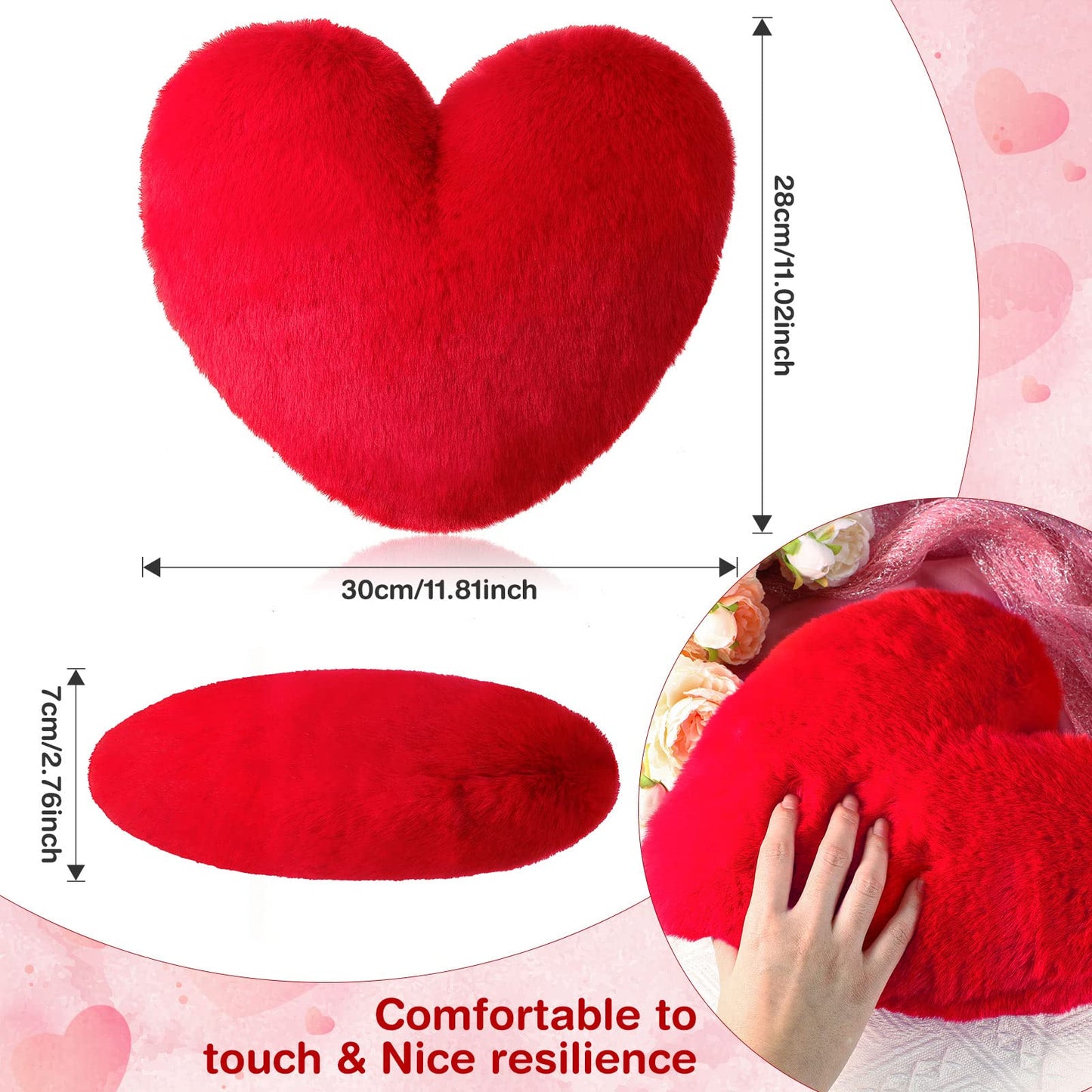 Marsui 2 Pcs Heart Throw Pillows, Soft Fluffy Faux Fur Decorative Hearts Shaped Pillows for Living Room Sofa Bed, Cute Heart Themed Gift for Mother(Red,11.81 x 11.02 Inch)